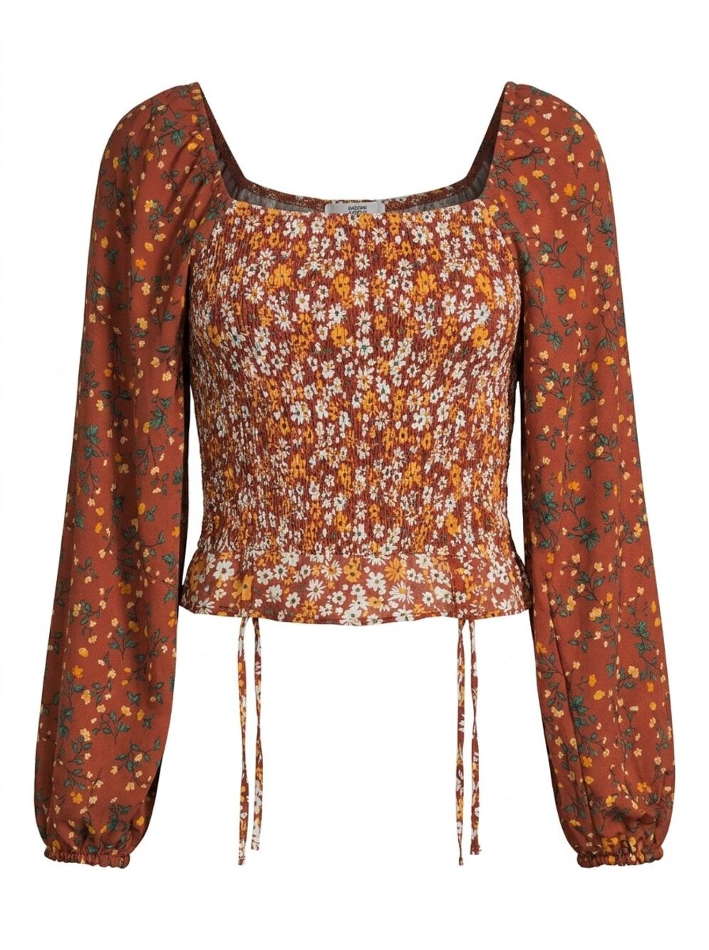 Madden NYC Brown Floral Balloon Sleeve Cropped Blouse Women Size XXL
